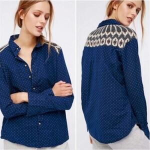 FREE PEOPLE Sage Navy Chambray Polka Dot Button Down Shirt // XS